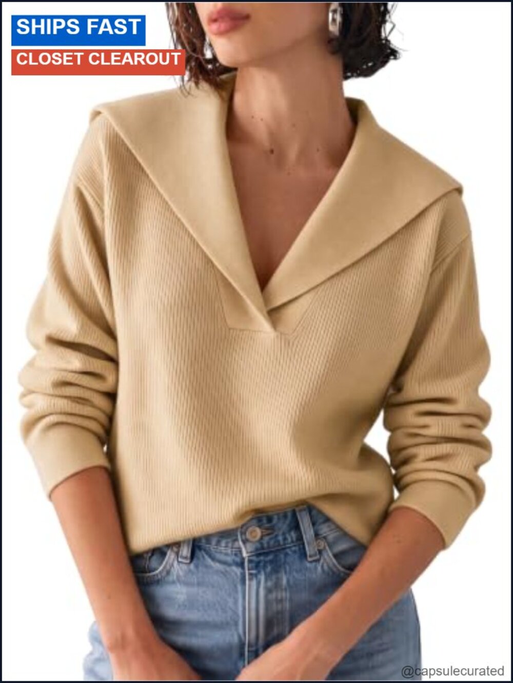 Womens Pullover Sweater Lapel Collar V Neck Long Sleeve Ribbed Knit